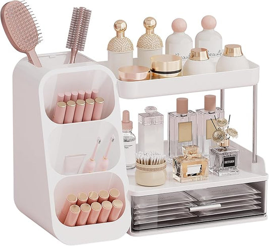 Makeup Organizer for Vanity with Brush Holder, 2 Tiers Countertop Skincare, Cologne Organizer and Perfume Stand for Men Bathroom Vanity, Large Capacity Makeup Storage, Black