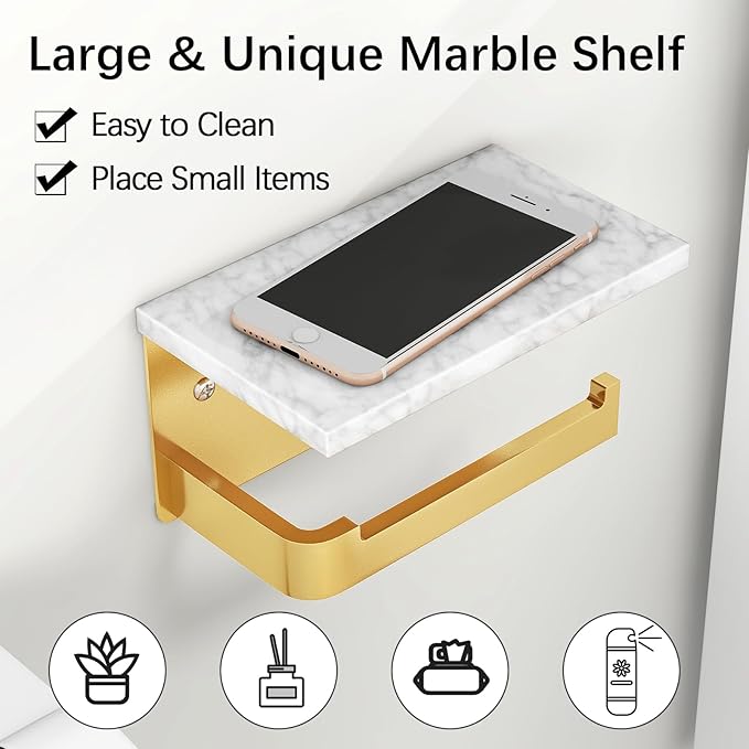 Gypie Toilet Paper Holder with Shelf, Extended Base Wall Mounted, Marble Toilet Roll Holder Black for Bathroom Washroom Gold