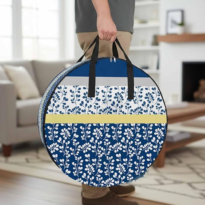 Storage Bag Blue Yellow Leaves Round Storage Totes Bins Closet Organizers with Zippers & Handle Stitching Stripes Clothes Storage Container for Bedroom Dorm Space Saving Packing Supplies Moving Bags
