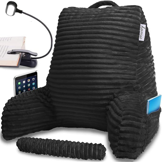 Homie Reading Pillow with Reading Light and Wrist Support, Has Arm Rests, and Back Support for Bed Rest, Lounging, Reading, Working on Laptop, Watching TV (Black)
