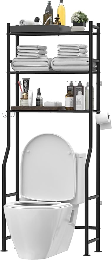 Livilord 3-Tier Over The Toilet Storage, Freestanding Metal Bathroom Shelves with 4 Hooks, Over Toilet Storage Shelf with Paper Holder, Above The Toilet Shelf for Bathroom Storage, Black