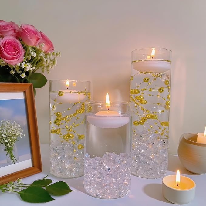 Glass Cylinder Vaseswith White Floating Candles Acrylic Fake Ice Cubes Pearl String Vases Fillers for Table Centerpiece Party Wedding Home Decor (1)