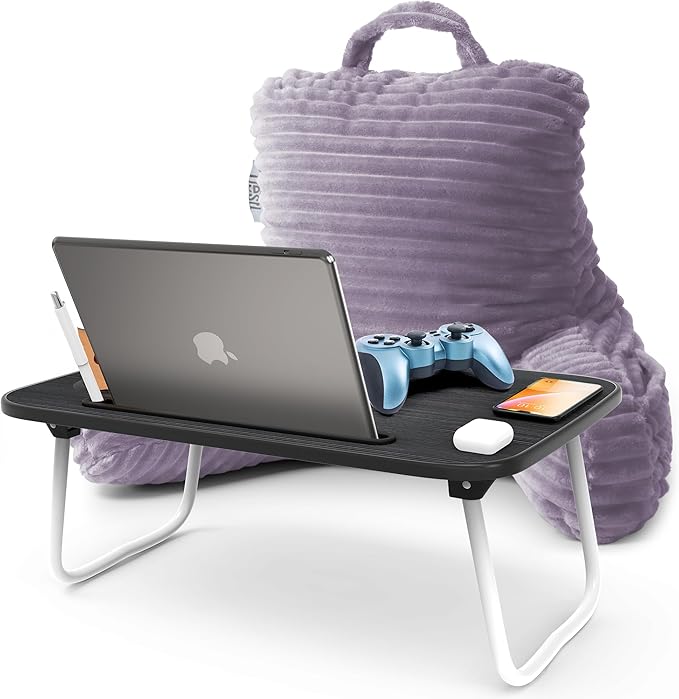 Nestl Dusty Purple Reading Pillow with Bed Desk for Laptop and Writing, Luxe Cut Plush Back Pillow for Sitting Up, Back and Arms Adjustable Support for Kids and Teens, Foldable Lap Desk for Bed 19x11”