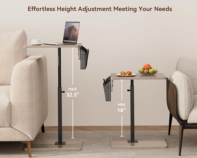 Vagusicc Sofa Armrest Tray Table for Couch, 360° Swivel Height Adjustable TV Tray Table for Small Spaces, Snack Side Table for Couch, Bed, Chair, C Shaped End Side Table for Eating, Reading, Laptop