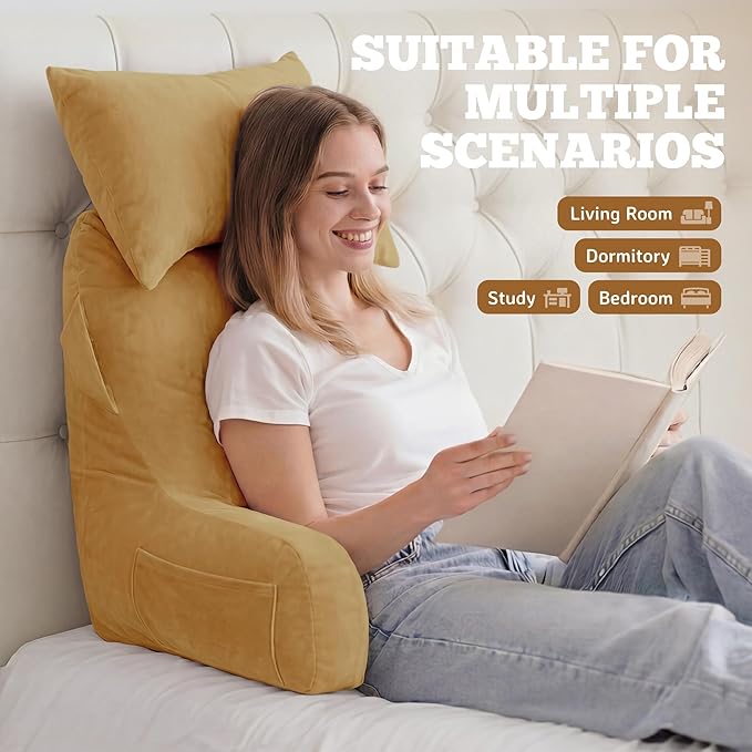 Unisakey Portable Reading Pillows with Headrest for Bed Sitting Up(Camel Oeko-Tex), Velvet Back Pillow with Arms & Pockets for Adults, Support Memory Foam Bed Pillow for Dorm/Reading/Watching/Gaming