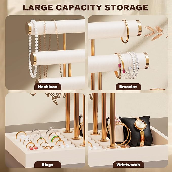Abiglifty 3 Tier Necklace Holder Display, Jewelry Organizer, Jewelry Stand, Bracelet Display, Necklace Organizer, Bracelet holder, Jewelry Display for Necklace, Watches, Rings, Beige