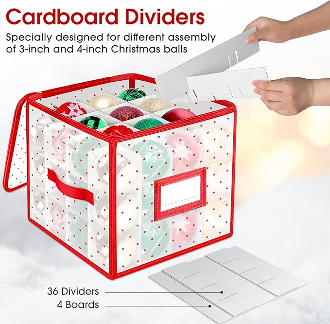 BlessedSeason Christmas Ornament Storage Box With Adjustable Dividers, Store up to 64 of 3-inch or 36 4-inch Christmas Ornaments, Xmas Ornaments Storage with Zippered Closure & Two Handles, 2 Pcs