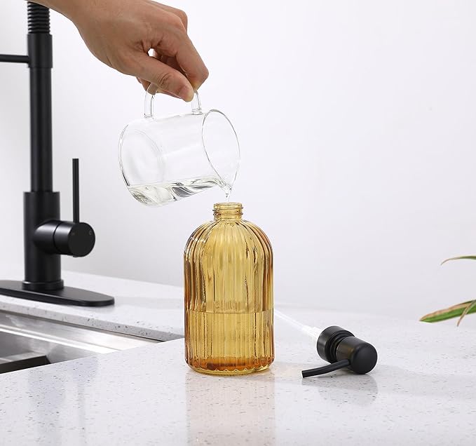16 OZ Amber Glass Soap Dispenser, Amber Stripe Bathroom Hand Soap Dispensers with Stainless Steel Matte Black Pump,Brown Glass Kitchen Hand Soap Dispenser with Matte Black Pump