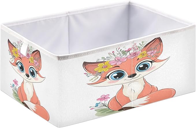 Foldable Storage Cube Fox Flowers Wreath Organizer Basket for Home Shelf