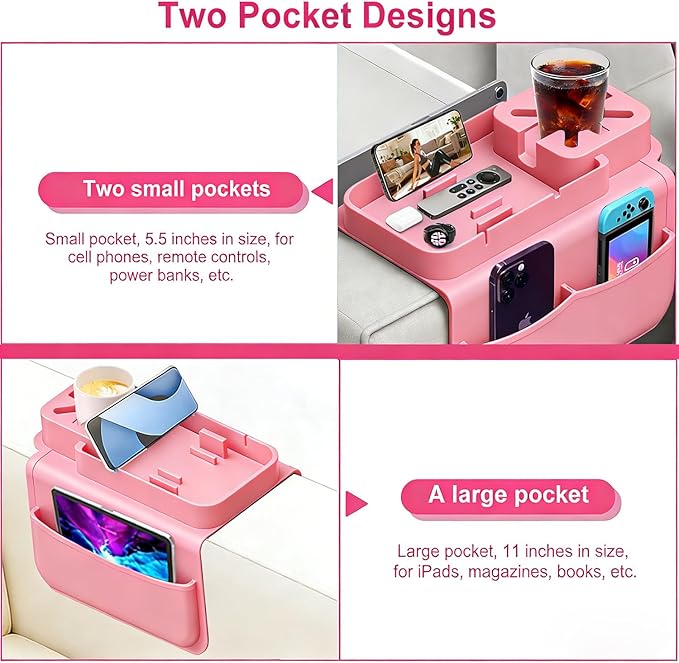 Silicone Couch Cup Holder Tray with Tablet & Phone Stand, Anti-Slip Sofa Arm Organizer with Dual Side Pockets for Remotes, Snacks, Headphones, Glasses, Drinks (Pink)