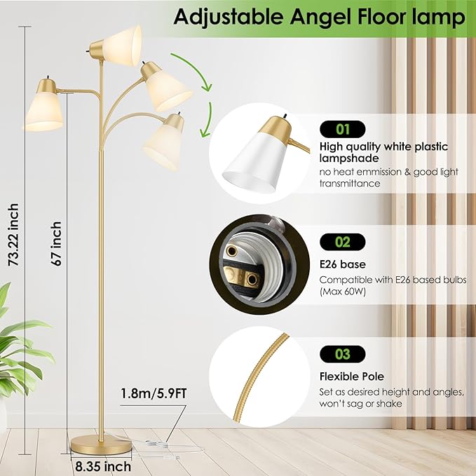 Coucrek Floor Lamp for Living Room, Adjustable Standing Room Lamp with White Plastic Shade, Gold Reading Floor Lamps for Dorm, Bulb not Included