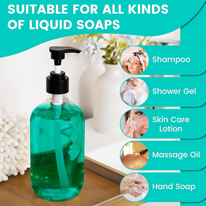 Teyssor Pump Bottle Dispenser Clear 2 Pack 400ml/13.5oz Empty Plastic Liquid Soap Dispensers, BPA-Free Refillable Container for Essential Oil Shampoo Lotion