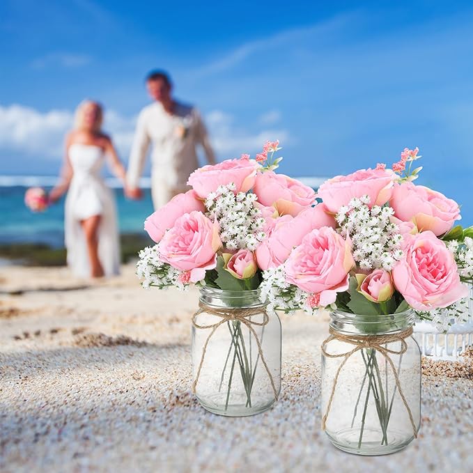 Zeyune Mason Jar Centerpiece Table Decorations, Artificial Peony Baby's Breath Flower Bouquets, Faux Flowers with Vase, Rustic Decor Gifts for Home, Wedding, Holiday(6 Sets,Coral Pink)