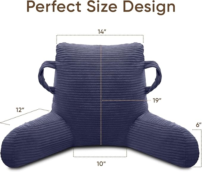 Reading Pillow for Sitting in Bed Adult, Bed Reading Pillow with Shredded Memory Foam, Back Pillow for Sitting with Arms and Pockets, Deepblue