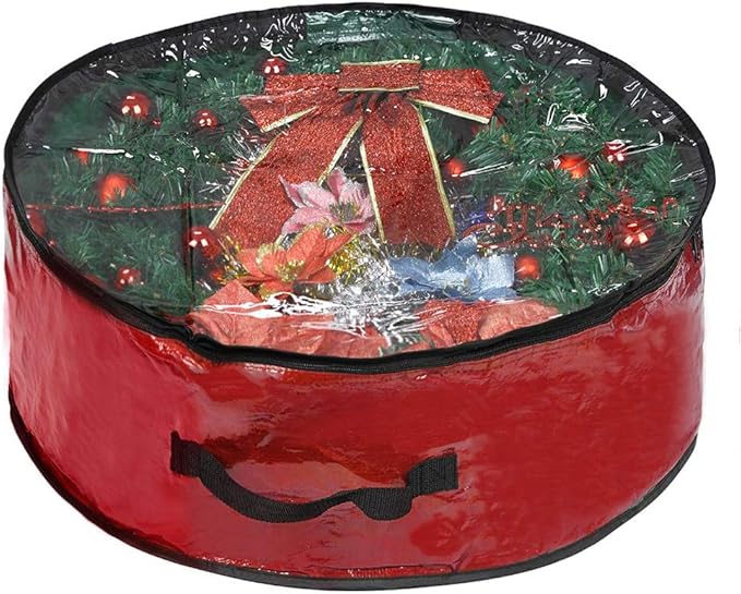 Propik Christmas Wreath Storage Bag 30" - Garland Holiday Container with Clear Window - Tear Resistant Fabric - 30" X 30" X 8" (Red)