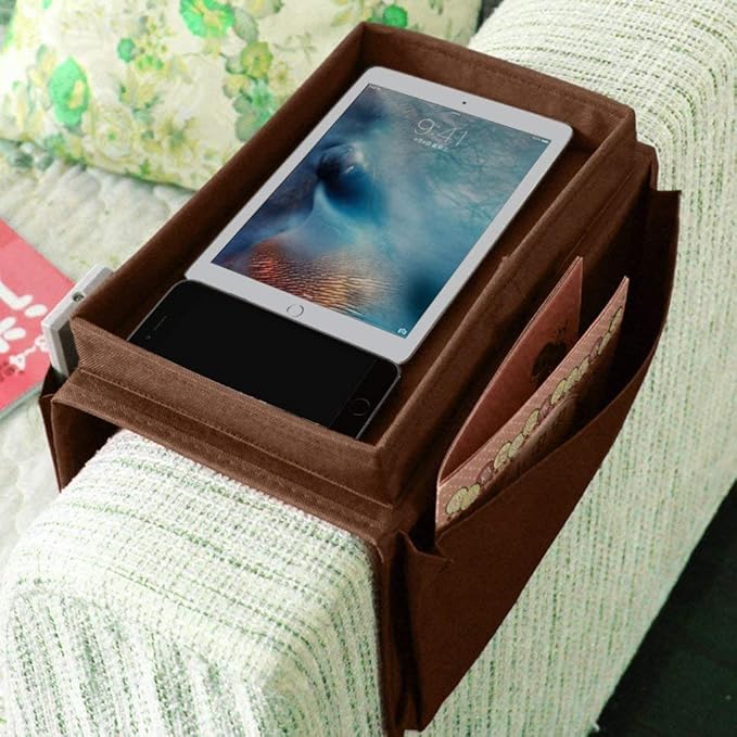 Sofa Armrest Organizer, Couch TV Remote Storage Organizer with Pockets for Recliner Armchair Snacks Glasses Smartphone Magazines Pouch (1Brown)