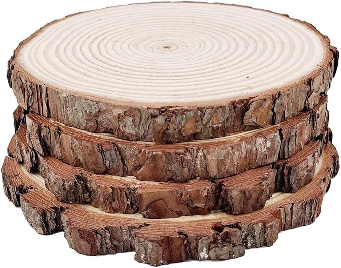 Natural Round Discs Rustic Wood Slices 4 PCS 9-10 inch Unfinished Wood kit Circles Crafts Tree Slices with Bark Log Discs for DIY Arts and Wedding Party Potluck Banquet Ornaments Decorations