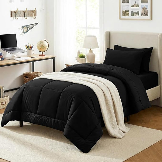 CozyLux Twin XL Comforter Set Black, 5 Pieces Twin Extra Long Bed in a Bag for College Dorm, All Season Bedding Set with Stitch Quilted Comforter, Flat Sheet, Fitted Sheet, Pillowcases