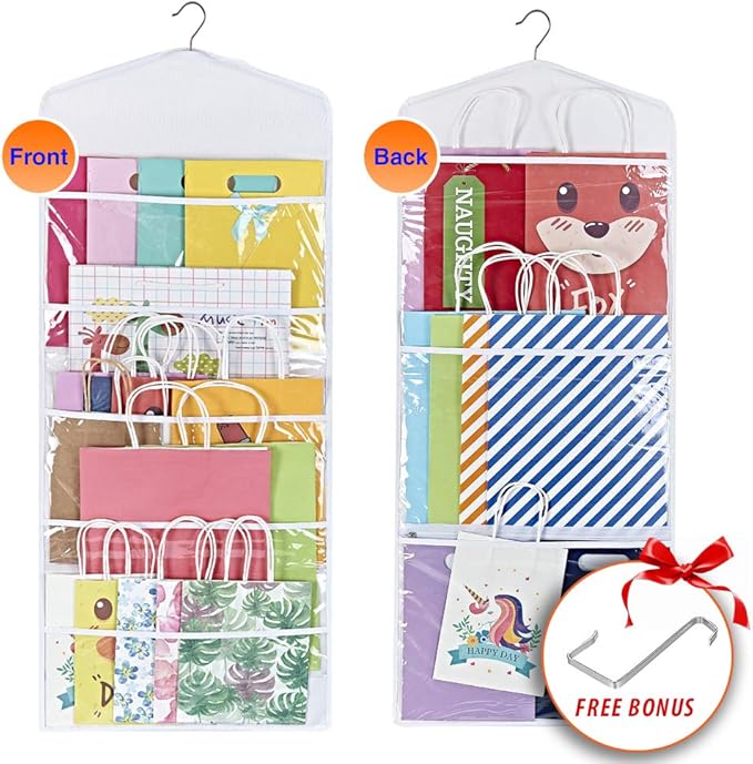 ProPik Hanging Double Sided Gift Bag Storage Organizer with Multiple Front and Back Pockets - Organize Your Gift Wrap, Tissue Paper, and Paper Bags 38 x 16 Inch PVC (White)