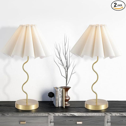 EOEYYOYB Pleated Table Lamp, Set of 2 Table Lamps for Bedroom, Bedside Lamps for Nightstand with Linen Lampshade, Modern Lamp for Bedroom Home Office Decor, Gold