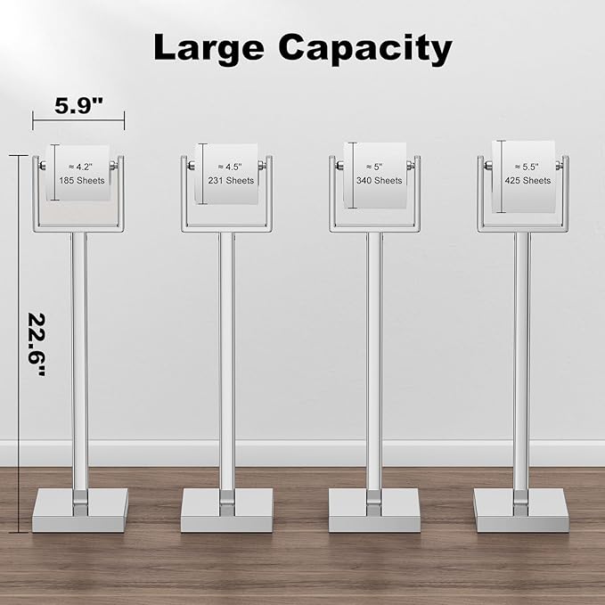 Silver Toilet Paper Holder Stand，Stainless Steel Toilet Paper Holder Free Standing，Stable Weighted Base Floor Tissue Roll Holder for Bathroom，Modern Pivoting Toilet Paper Stand