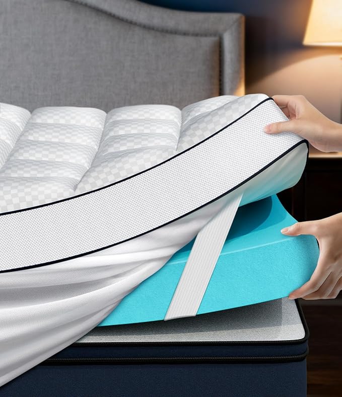 Dual Layer 4 Inch Memory Foam Mattress Topper King Size, 2" Cooling Gel Memory Foam & 2" Pillow Top, Mattress Pad Cover for Back Pain Relief, Deep Elastic Pocket, Medium Support, White