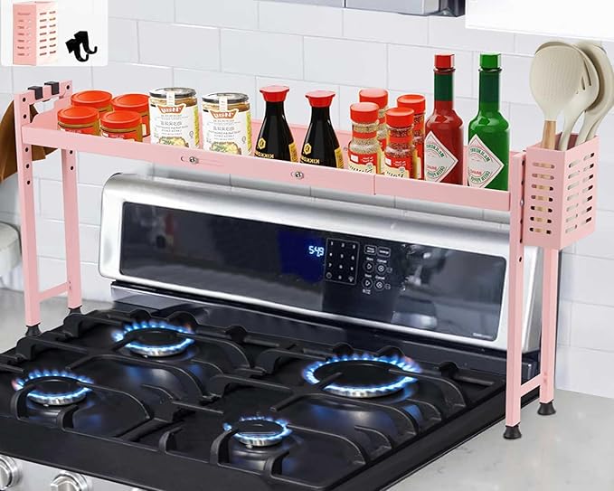Horynar Over Stove Shelf Stove Top Organizer Shelf for Kitchen with Extra Basket and Hooks Adjustable 27 to 32 Inches Pink Over the Sink Spice Rack for Countertop (Pink)