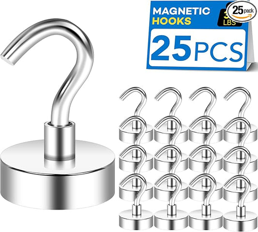 LOVIMAG Strong Magnetic Hooks, 30lbs Utensil Racks Kitchen Utensil Holders Hanging Cruise Cabins, Ship Essentials, Rare Earth Magnet for Refrigerator,Hanging,Classroom,Ceiling-25 Pack