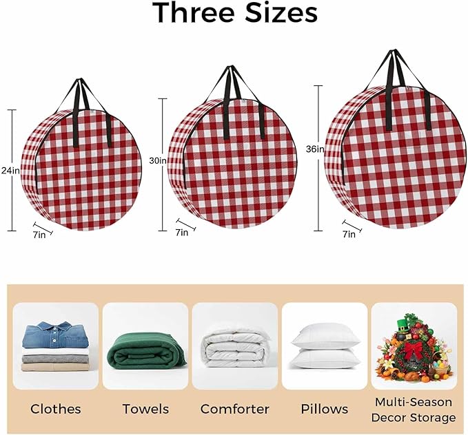 36 Inch Round Storage Bag 1 Pack,Farmhsoue Christmas Red White Buffalo Check Waterproof Wreath Storage Container with Handles&Zipper Rural Style Closet Organizer Bags Garland Box