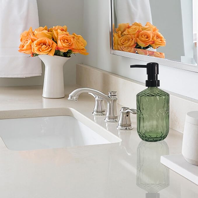 Green Glass Soap Dispenser with Black Pump, 15oz Liquid Hand Dispenser, Refillable Lotion Dish Soap Dispenser for Modern Home Decor, Bathroom, Kitchen Countertop, Hotel