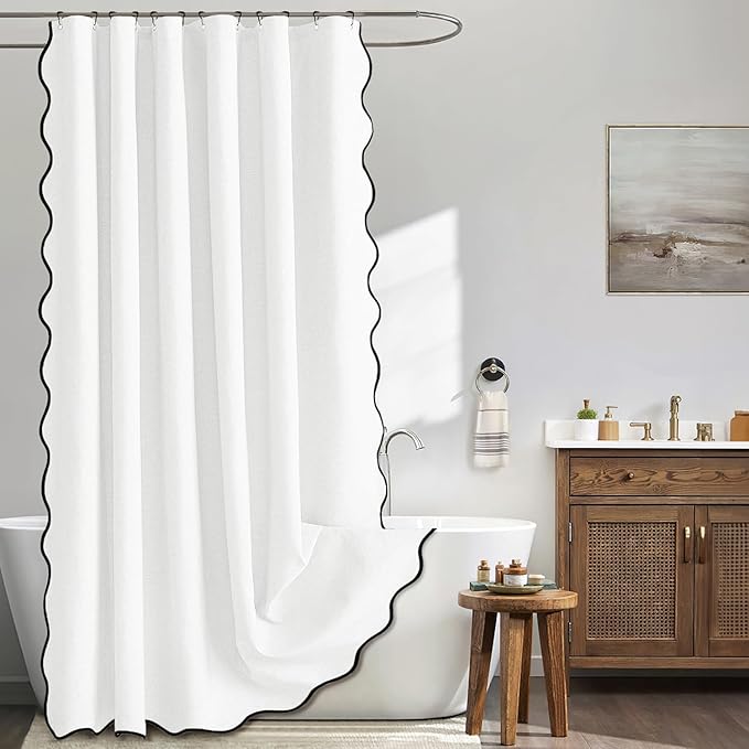 MIULEE 80" Long Scalloped Shower Curtain Linen Textured with 12 Metal Hooks Cute Extra Long Heavy Duty Washable Waterproof Cloth Shower Curtains with Black Border for Bathroom Hotel Bathtub,White