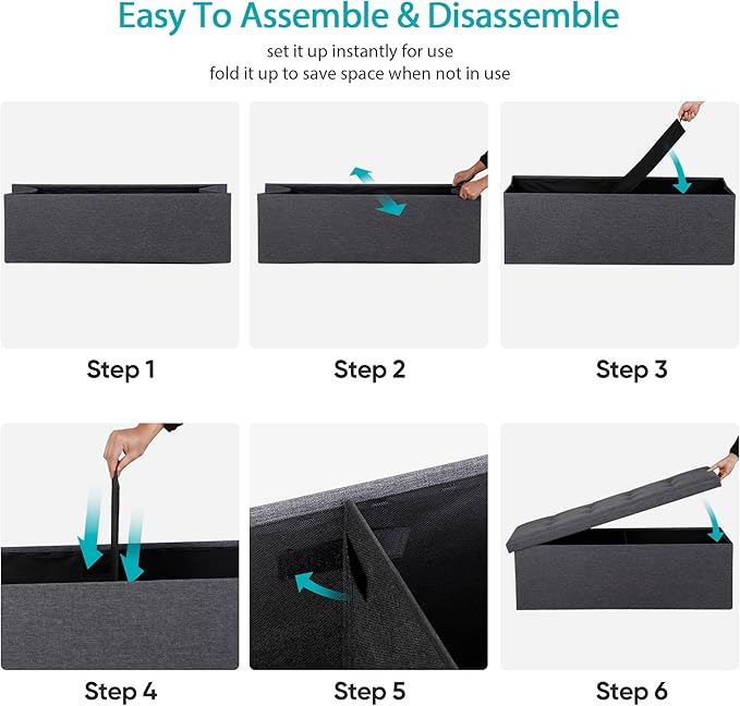 ZenStyle 43Inches Storage Ottoman Bench, Folding Footrest Padded Seat, Storage Chest Long Shoes Bench with Divider, Holds up to 660 lbs, for Living Room, Entryway, Bedroom, Dark Gray
