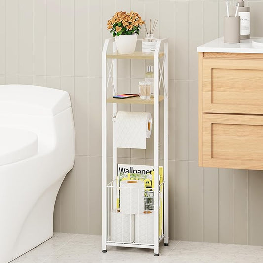 HapiRm Freestanding Toilet Paper Holder - 4-Tier Bathroom Tissue Organizer with Wood Shelves and Large Basket, Toilet Paper Holder Stand for Bathroom, Laundry Room, Apartment - White（Small）