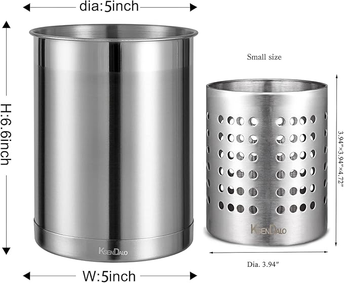 KSENDALO Stainless Steel Utensil Holder for Counter(2Pack), Brushed Silver Drying Metal Utensil Crock Canister for Cooking Utensils on Countertop, with Heavy Base, Dishwasher Safe, Silver