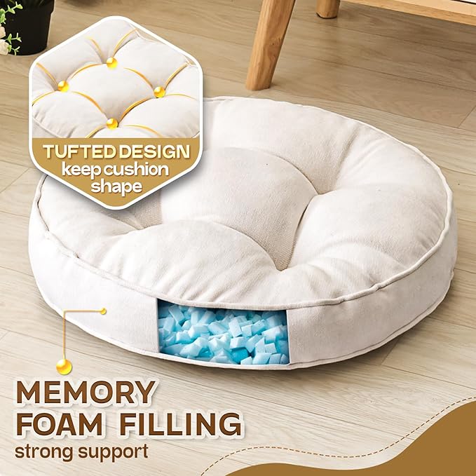 1 MIDDLE ONE Floor Pillow Set of 2, Memory Foam Floor Cushions for Adults, Large Meditation Pillow for Sitting, 22 x 22 Inches (Round | Beige)