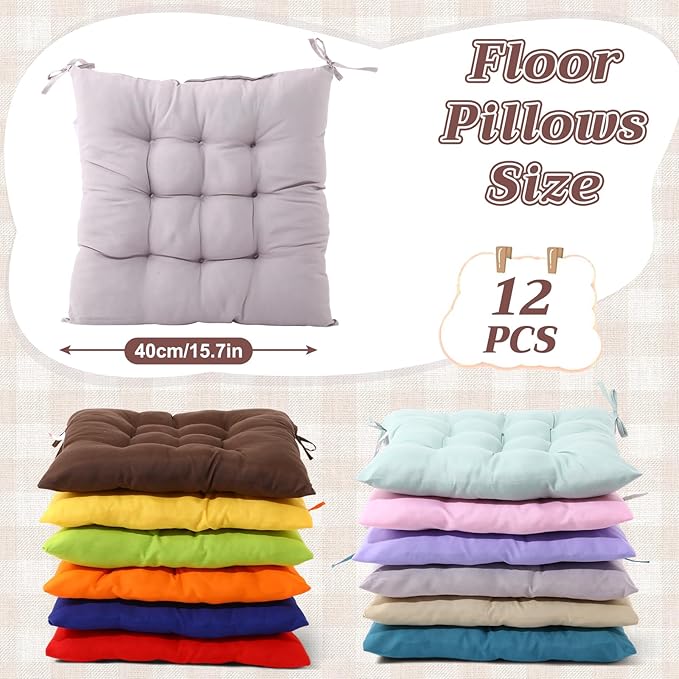 Geetery 12 Pcs Floor Pillows Bulk Seating Cushions for Floor Chair 15.7'' Large Meditation Cushion for Yoga Living Room Tatami Bedroom Balcony Office (Multicolor,Square)