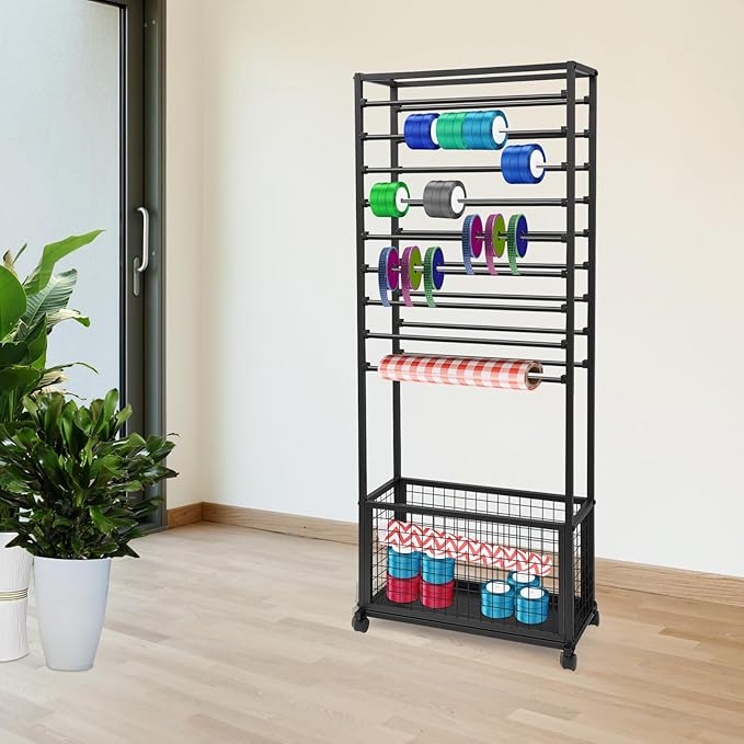 Mobile Ribbon Holder Double-Sided Ribbon Organizer Rack with 20 Hanging Rods Multifunctional Flower Wrapping Paper Storage Stand with Lockable Wheels Wrapping Paper Rack (26.38*12.6*66.93in, Black)
