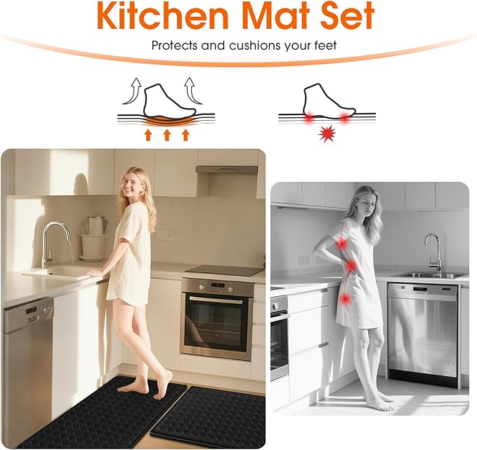 TranquilRelax Kitchen Mats, 2PCS Kitchen Rugs, Cushioned Anti Fatigue Kitchen Mats for Floor, Non-Slip Standing Sink Mat, Waterproof Kitchen Rug Set for Kitchen Floor Office,17.3"×30"+17.3"×47" Black