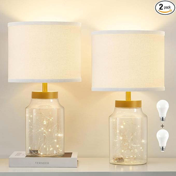 GyroVu Fillable Table Lamp, Bedside Lamp with Clear Glass Fillable Lamp Nightstand Lamp for Living Room Bedrooms Office, Bulbs Included(Gold+White Lampshade)