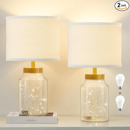 GyroVu Fillable Table Lamp, Bedside Lamp with Clear Glass Fillable Lamp Nightstand Lamp for Living Room Bedrooms Office, Bulbs Included(Gold+White Lampshade)
