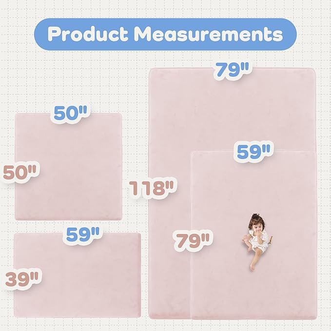 1.5" Thick Baby Play Mat for Floor, 39x59 Playpen Mat, Pro Soft Flannel Foam Mats Toddler Infant Kids Crawling for Nursery Rug Playroom Living Room Waterproof Easy Care Non-Slip (Baby Pink)