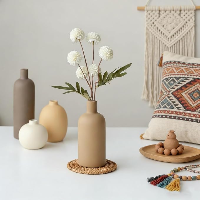 Neutral Boho Ceramic Decorative Vase Set, Modern Matte Minimalist Vases for Shelf, Coffee Table, Living Room & Fireplace Mantel Decor
