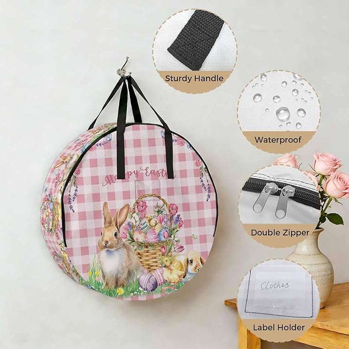 30 Inch Round Storage Bag 1 Pack,Easter Bunny Eggs Basket and Chick Waterproof Wreath Storage Container with Handles&Zipper Spring Flower with Pink Lattice Closet Organizer Bags Garland Box