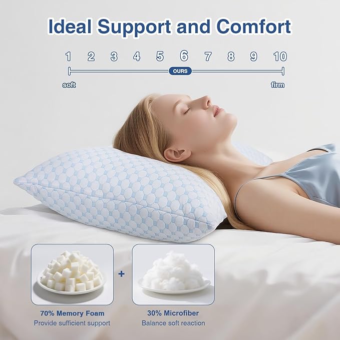 Favocama Cooling Pillow for Sleeping, Shredded Memory Foam Pillows Standard Size Set of 2, Double Sided Cooling Bed Pillows for Hot Sleepers, Side Back and Stomach Sleepers