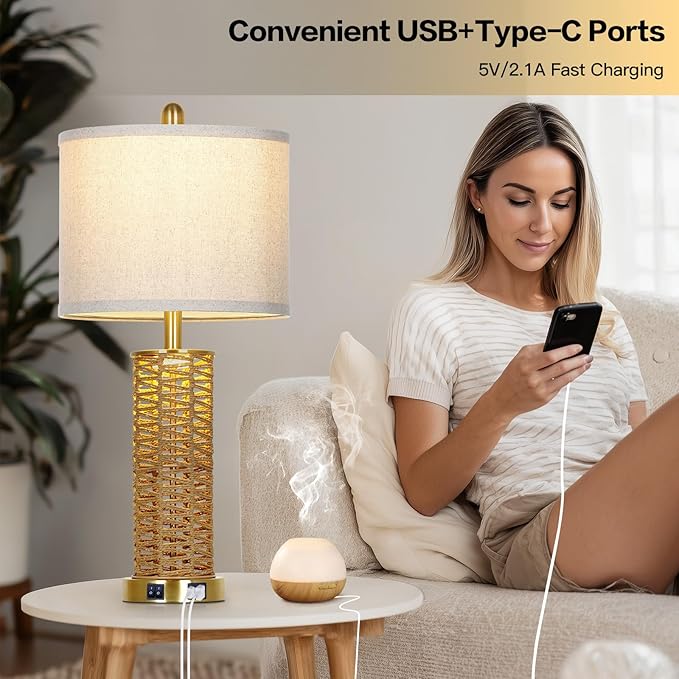 CINSARY 27" Natural Rattan Table Lamps Set of 2, Boho Bedside Lamp for Bedroom with Night Light, Woven Wicker Nightstand Lamps with 2 USB Ports & AC Outlet, Tall Farmhouse Living Room Lamp, Gold