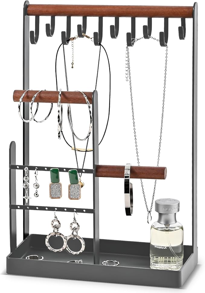 ProCase Jewelry Stand Holder Organizer, 4-Tier Necklace Holder with Ring Tray, 10 Hooks Necklaces Hanging Small Jewelry Display Storage Tower Tree for Bracelets Earrings Watches -Medium, Grey