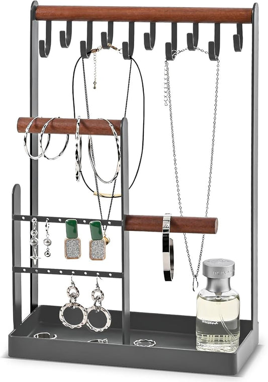 ProCase Jewelry Stand Holder Organizer, 4-Tier Necklace Holder with Ring Tray, 10 Hooks Necklaces Hanging Small Jewelry Display Storage Tower Tree for Bracelets Earrings Watches -Medium, Grey