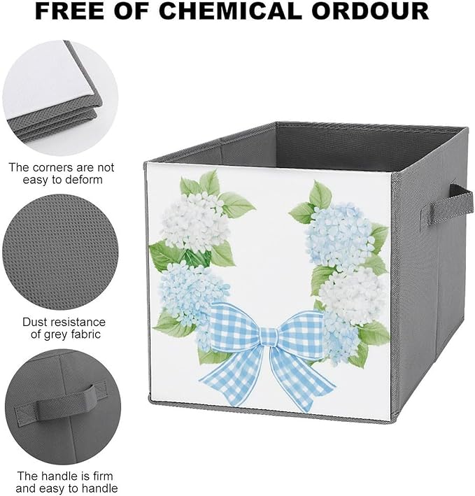 Watercolor White Hydrangea Flowers Wreath Cube Storage Bins Storage Cubes Foldable Decorative Fabric Storage Baskets Home Organizers with Handles for Shelves,Closet, 10.6 X 10.6 Inch