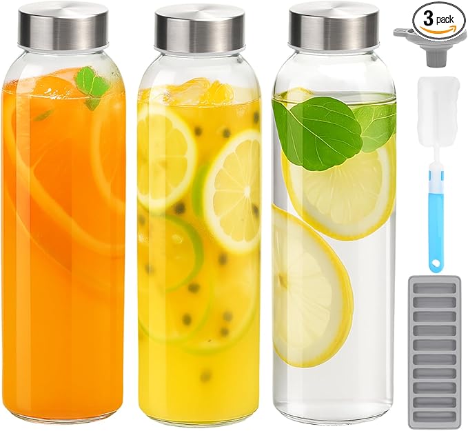 Zukro Glass Water Bottles with Lids 24 oz, 3 Pack Reusable Juice Bottles With Stainless Steel Airtight Cap for Juicing, Leak Proof Clear Drinking Jar Beverage storage container for Fridge, BPA Free