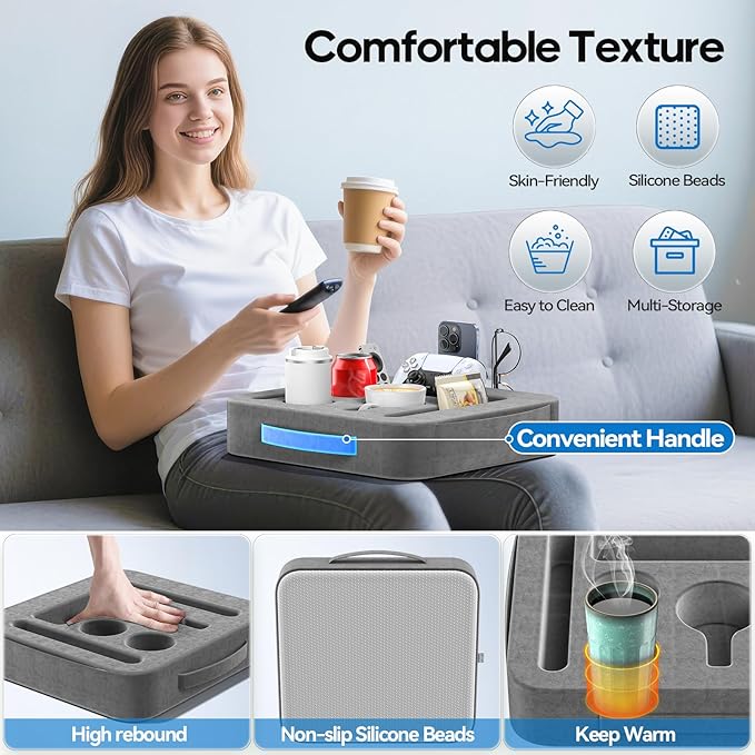 Couch Cup Holder Tray, Couch Caddy for Drink, Snack, Phone, Remote, Ipad, Game Controller, Large-Size Sofa Cup Holder for Bed, Sofa, Car, Desk, Deep Gray